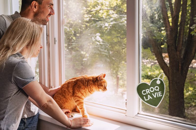 Famille contente regardant par la fenêtre avec leur chat heureux depuis qu'il mange les croquettes CROQ' la Vie
