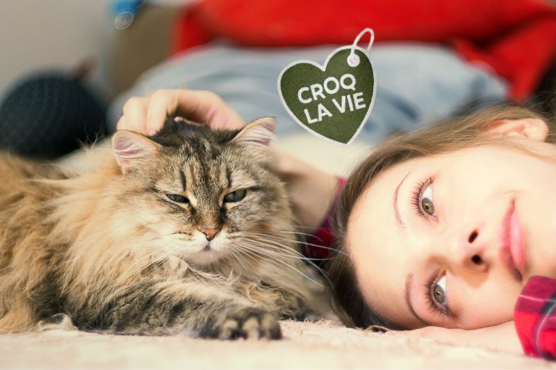 Maîtresse fait des câlins à son chat, elle est heureuse d'avoir pu aider son chat avec ses problèmes d'insuffisance rénale. C'est grâce aux conseils d'éleveurs ce la famille des Joyeuses Gambades et aux croquettes CROQ' la Vie.