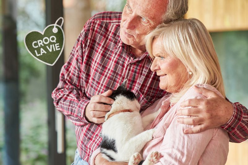 Couple fait des câlins à son chat, content d'avoir amélioré les problèmes d'arthrose de son chat grâce aux conseils et croquettes CROQ' la Vie.